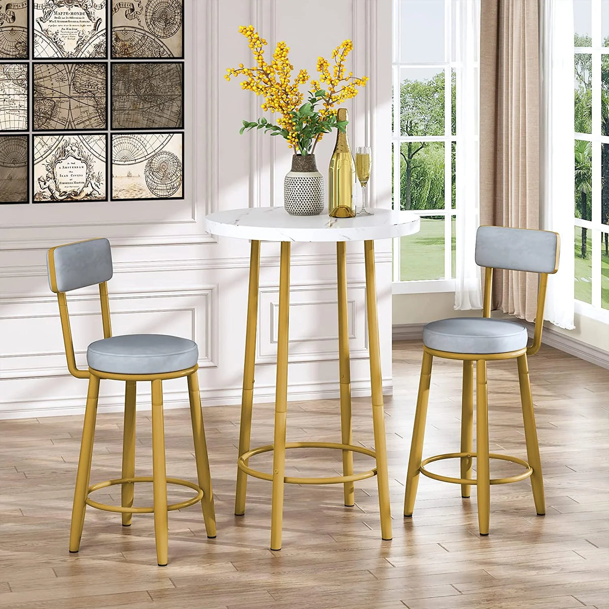 3-Piece Faux Marble Bar Table and 2 Upholstered Stools with Backrest Z10884