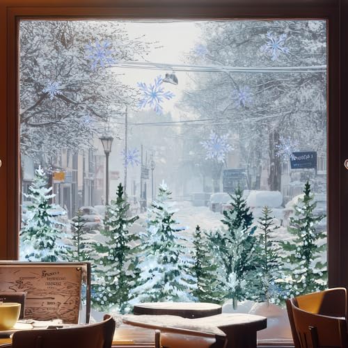 9 Sheet Christmas Window Clings Snowy Forest Trees Double-Sided Reusable Winter Window Decals Y922759