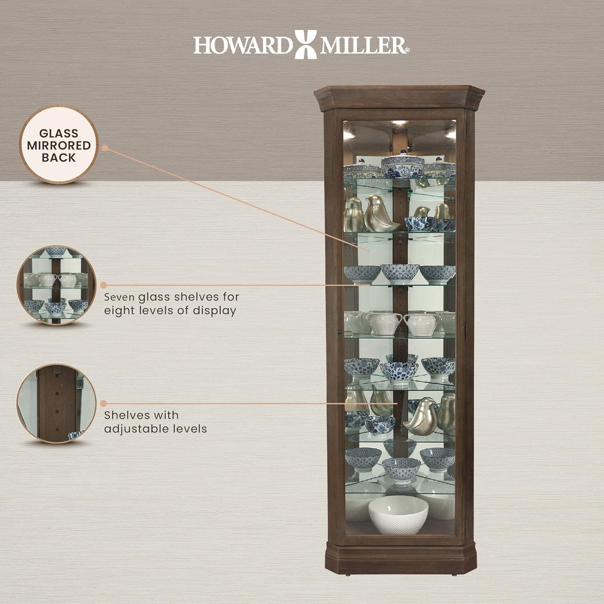 Aged Auburn Curio Cabinet with Glass Shelves Z553