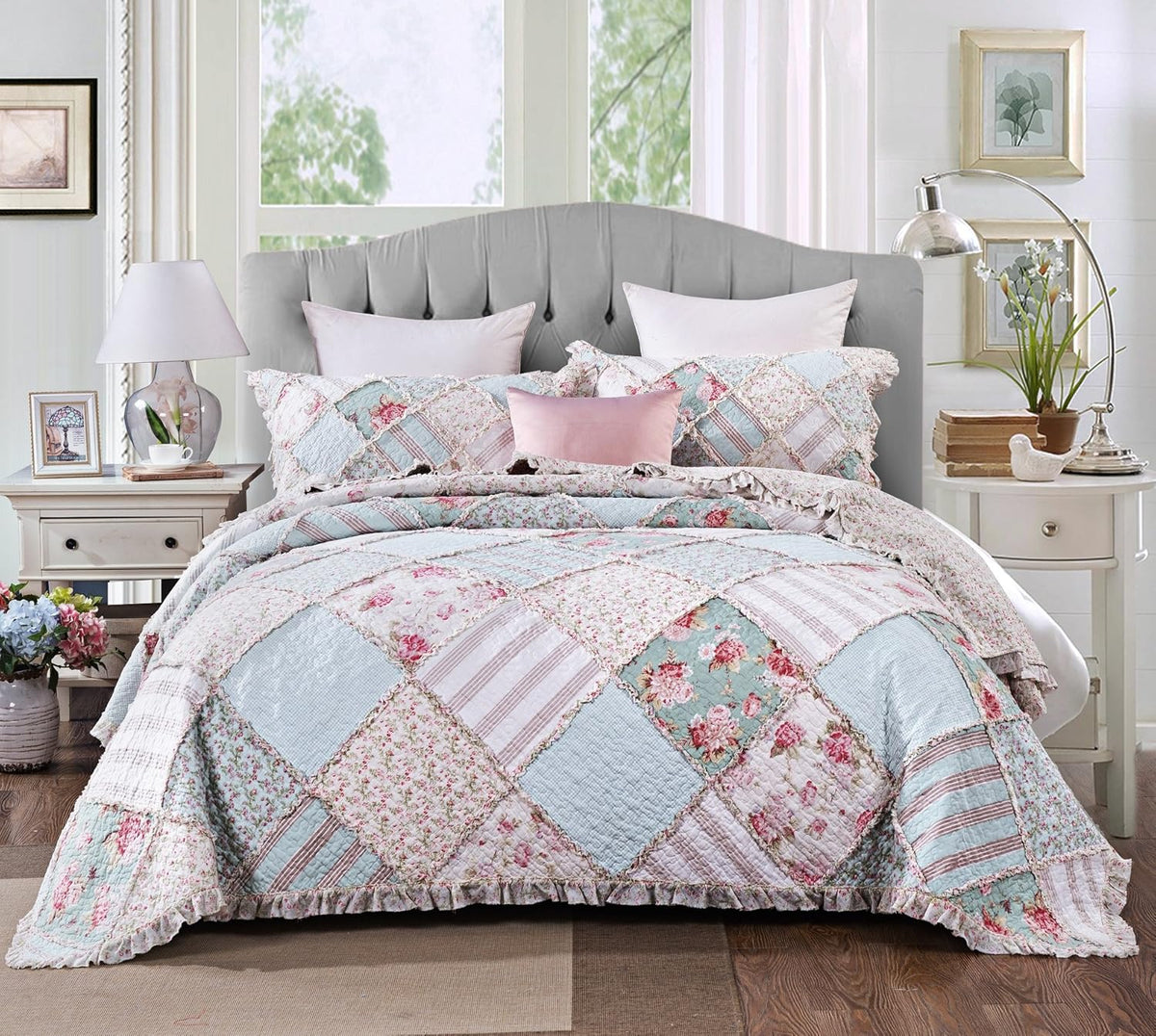Cottage Patchwork Cotton Floral Bedspread Quilt Set Queen 3-Pieces Q24487
