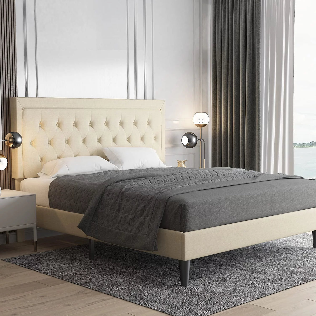 Queen Size Beige Upholstered Platform Bed Frame T161