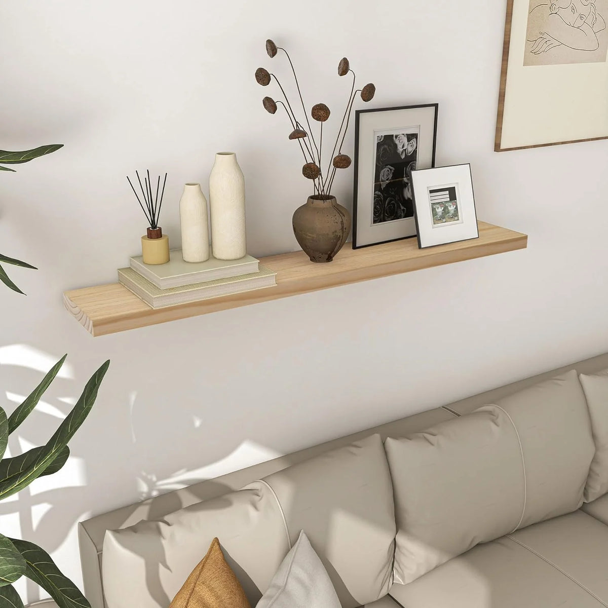 48 Inch Solid Pine Wood Floating Shelf with Metal Bracket A446538