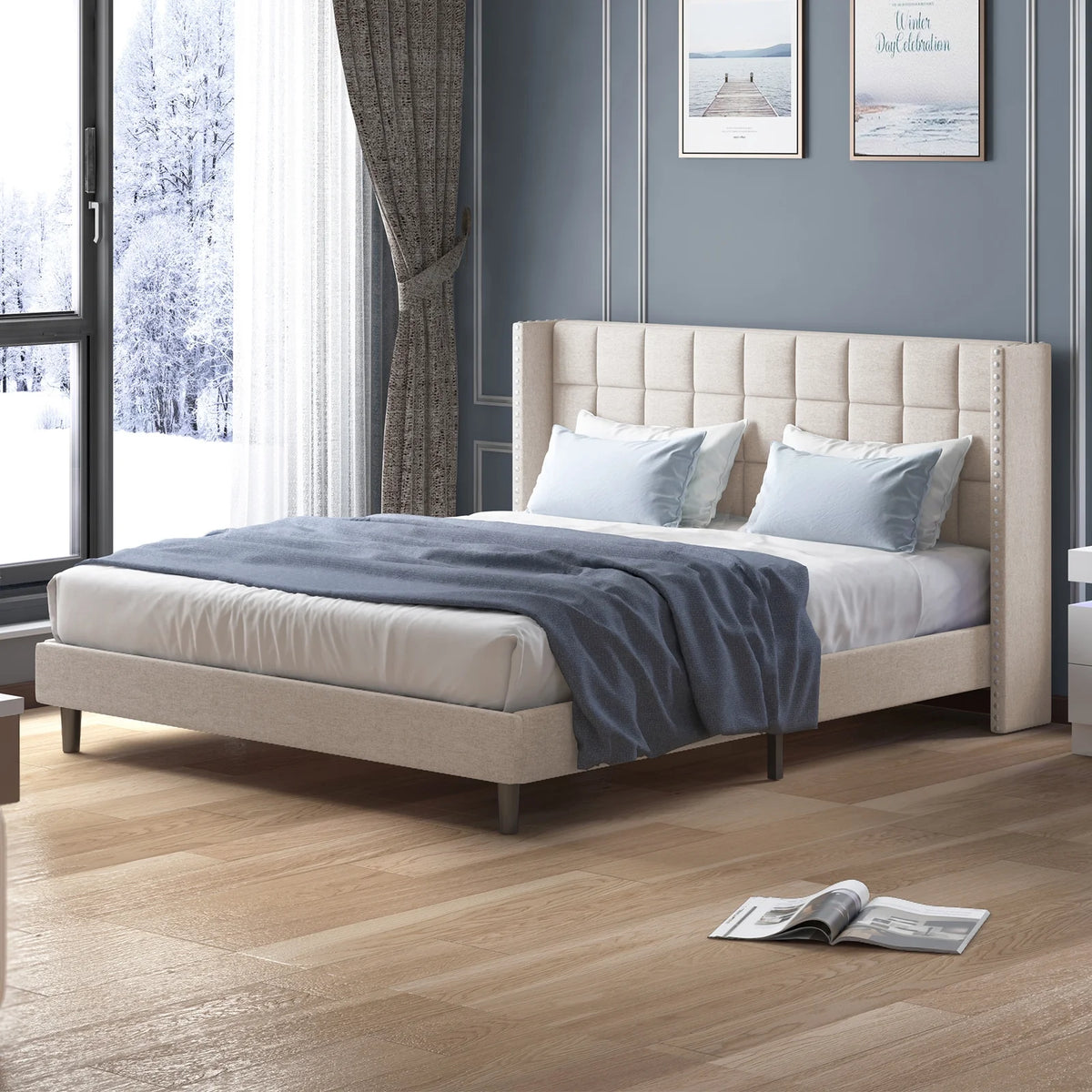 Velvet Wingback Headboard Queen Size Platform Bed Frame M19745