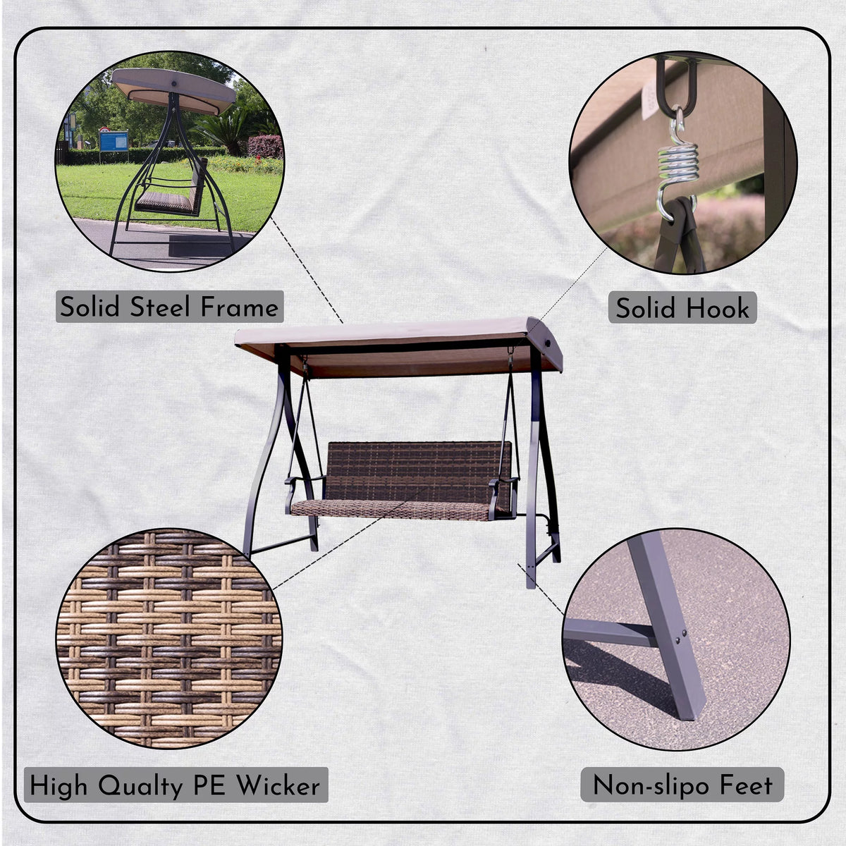 3 Seat Outdoor Rattan Patio Swing with Brown Canopy M366934