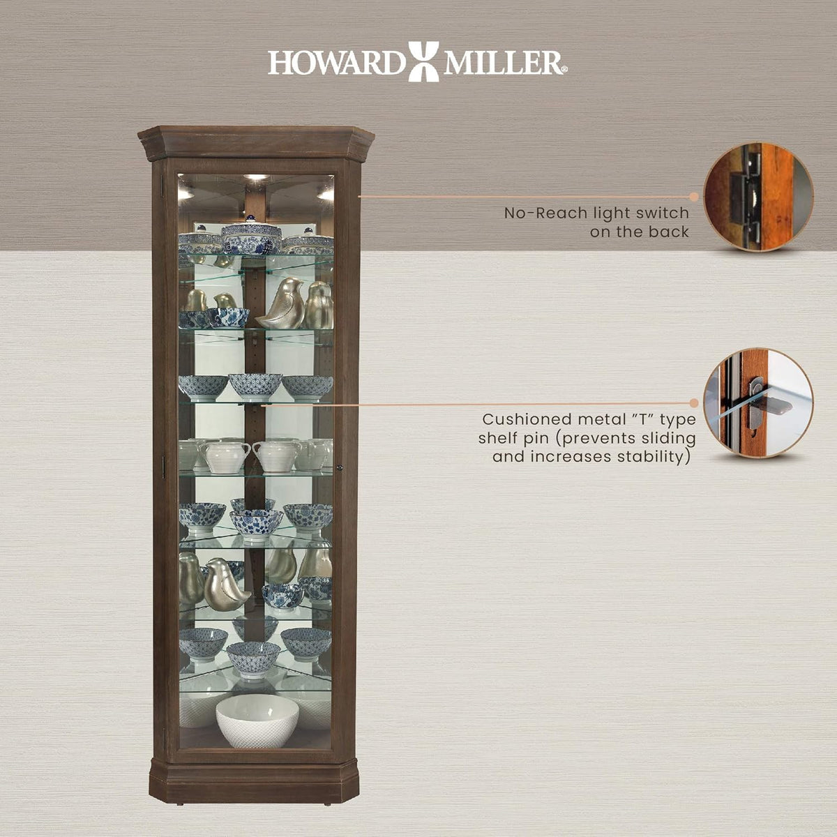 Aged Auburn Curio Cabinet with Glass Shelves Z553