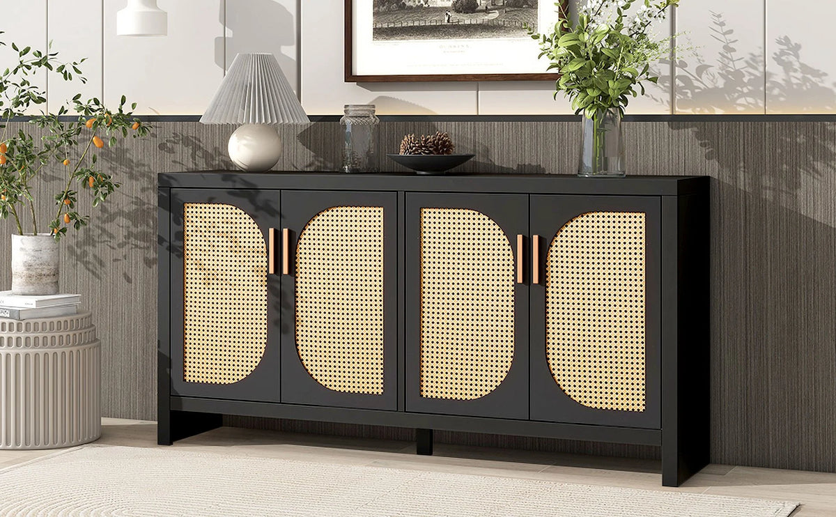 Modern TV Stand with Rattan Doors and Adjustable Shelves O81697