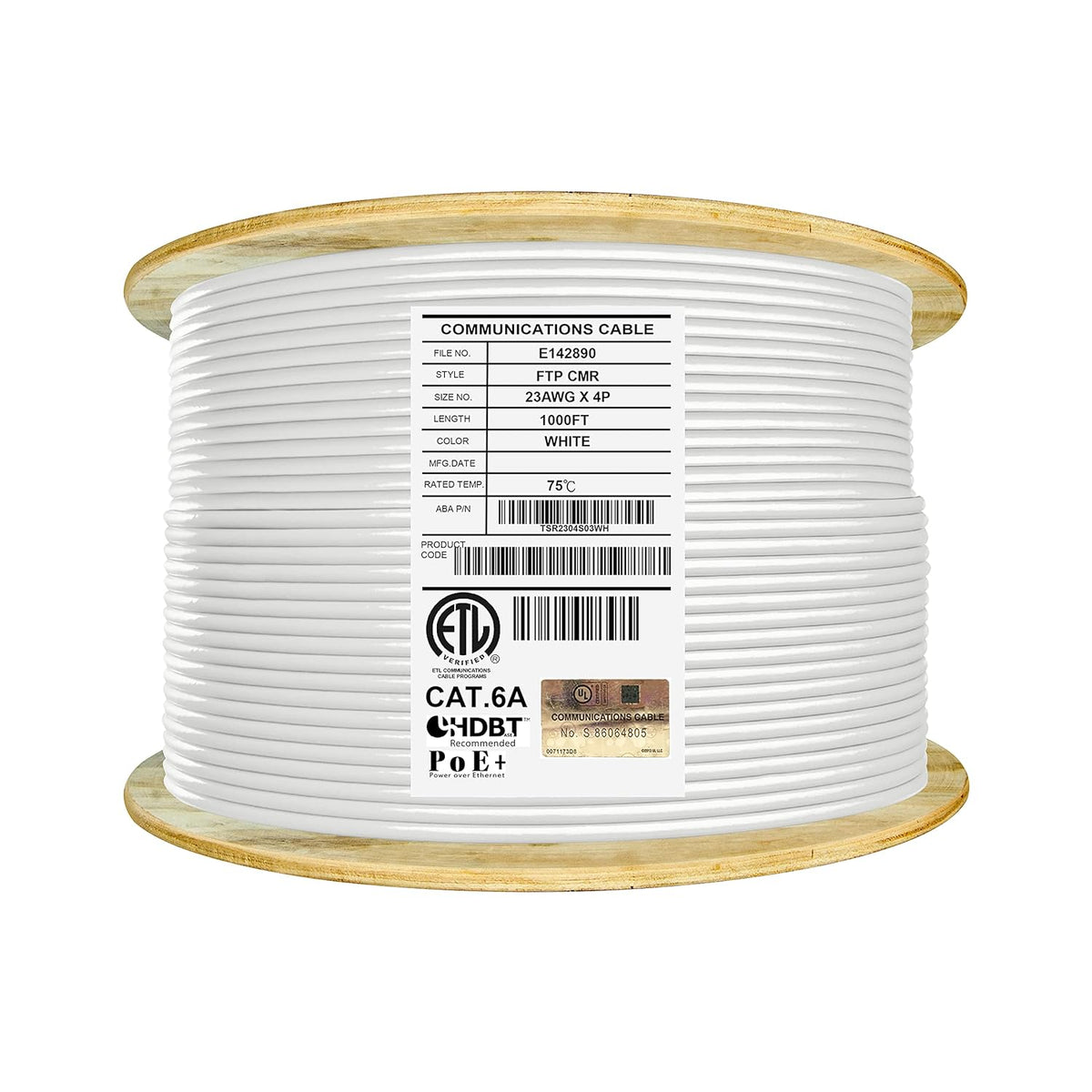 Bulk Ethernet Cable Reel, Cat6A Shielded Riser, 1000ft, FTP 23AWG, Solid Bare Copper, Blue B741902