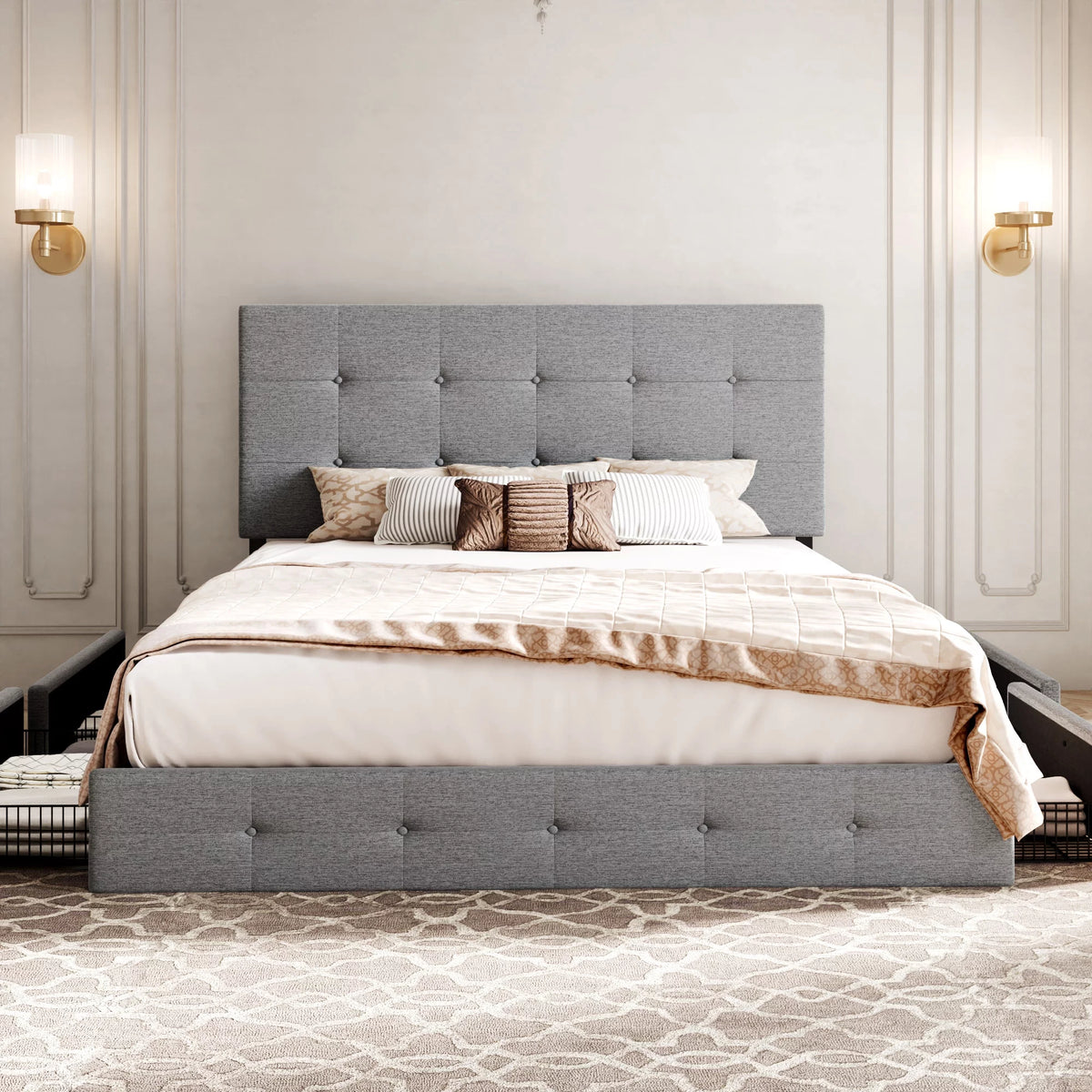 Light Grey Queen Platform Bed Frame with 4 Drawers Storage T1156