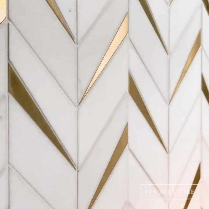 Polished Marble and Brass Wall Mosaic Tile T35784