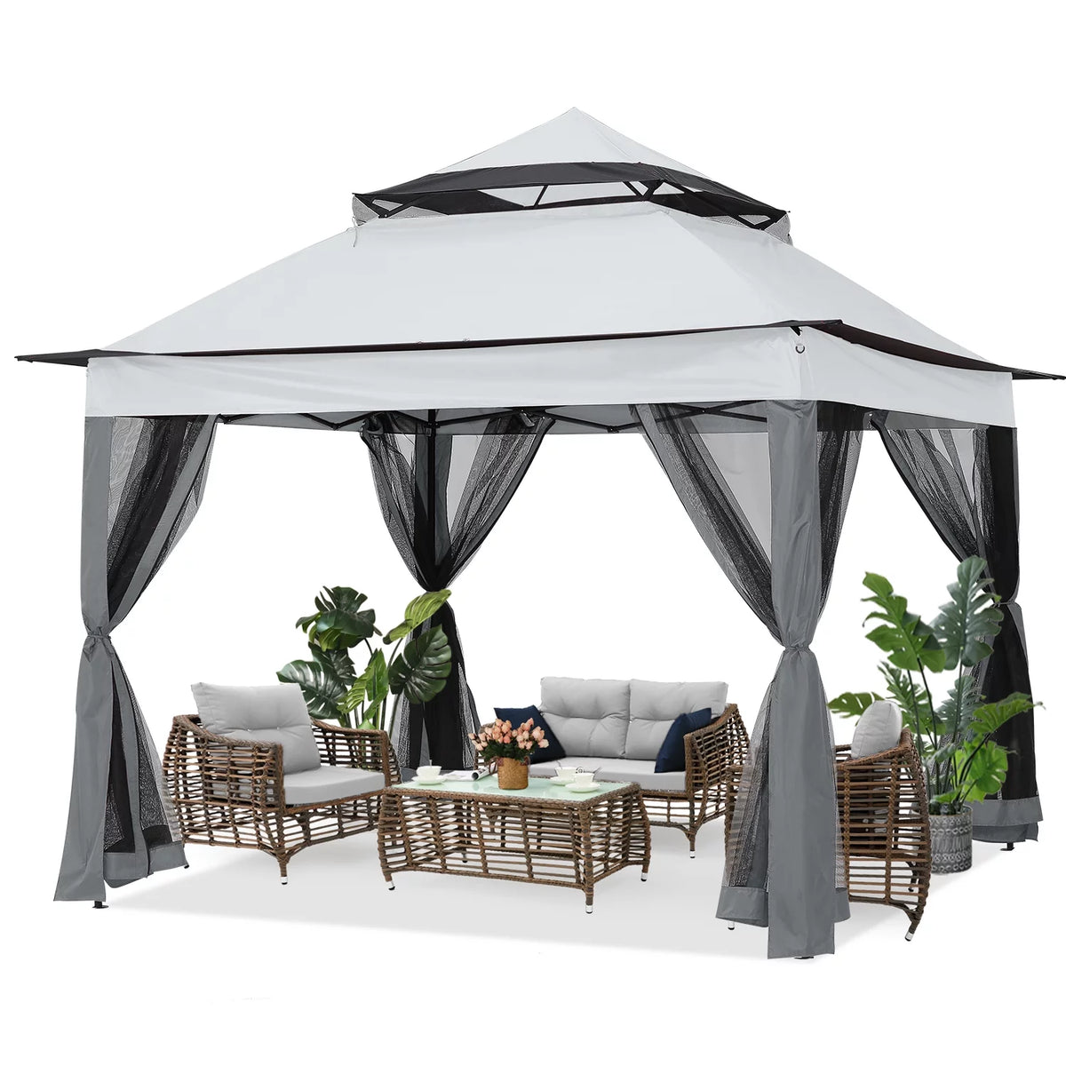 13'x13' Brown Pop up Gazebo Canopy Shelter with Mosquito Netting K429095