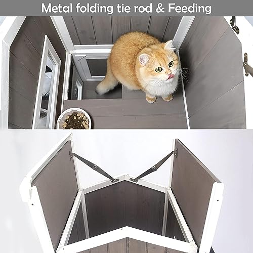 Outdoor Cat Shelter Weatherproof Two Story Wooden Cat House with Openable Roof Escape Door D1080