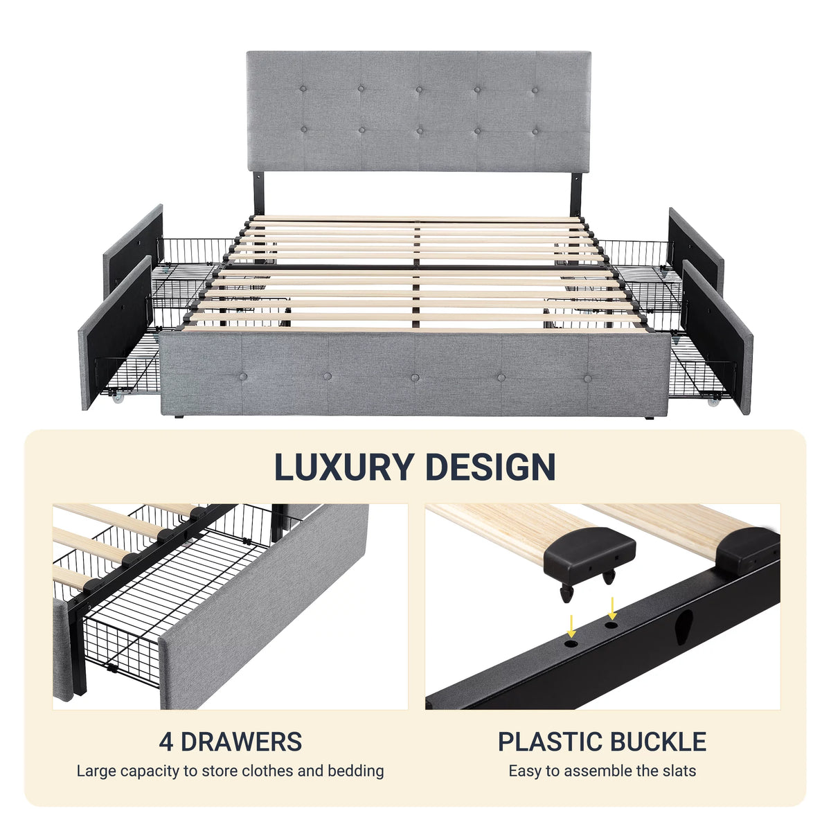 Light Grey Queen Platform Bed Frame with 4 Drawers Storage T1156