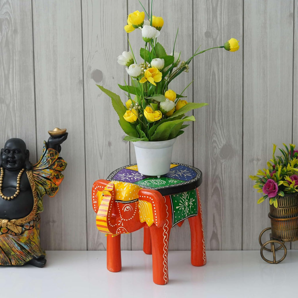 Handcrafted Emboss Painted Colorful Wooden Elephant Shape Stool Table Medium F58894