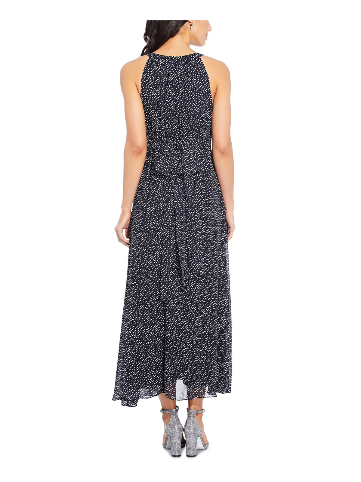 Navy Belted Pleated Polka Dot Sleeveless Halter Midi Dress Petites 16P I19959