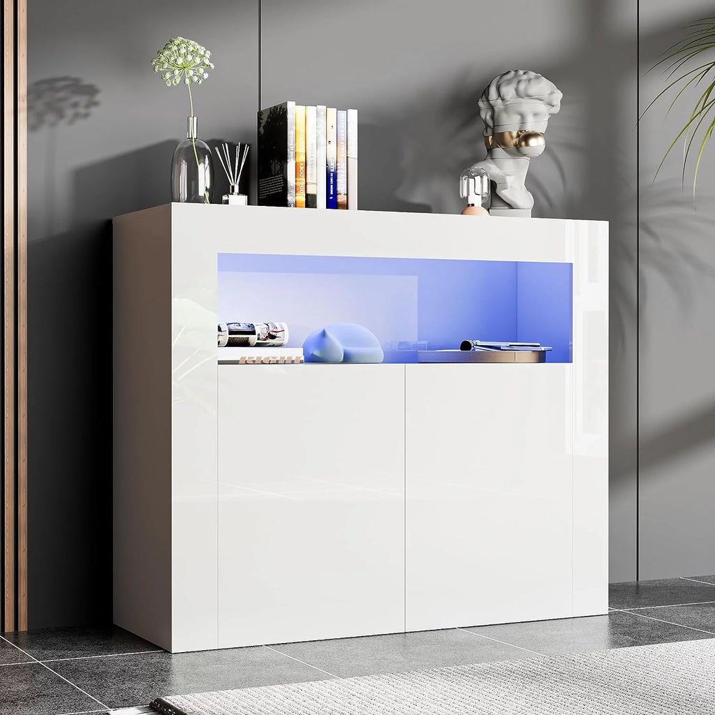 White High Glossy 2 Door Buffet Cabinet with Adjustable Shelf D37425