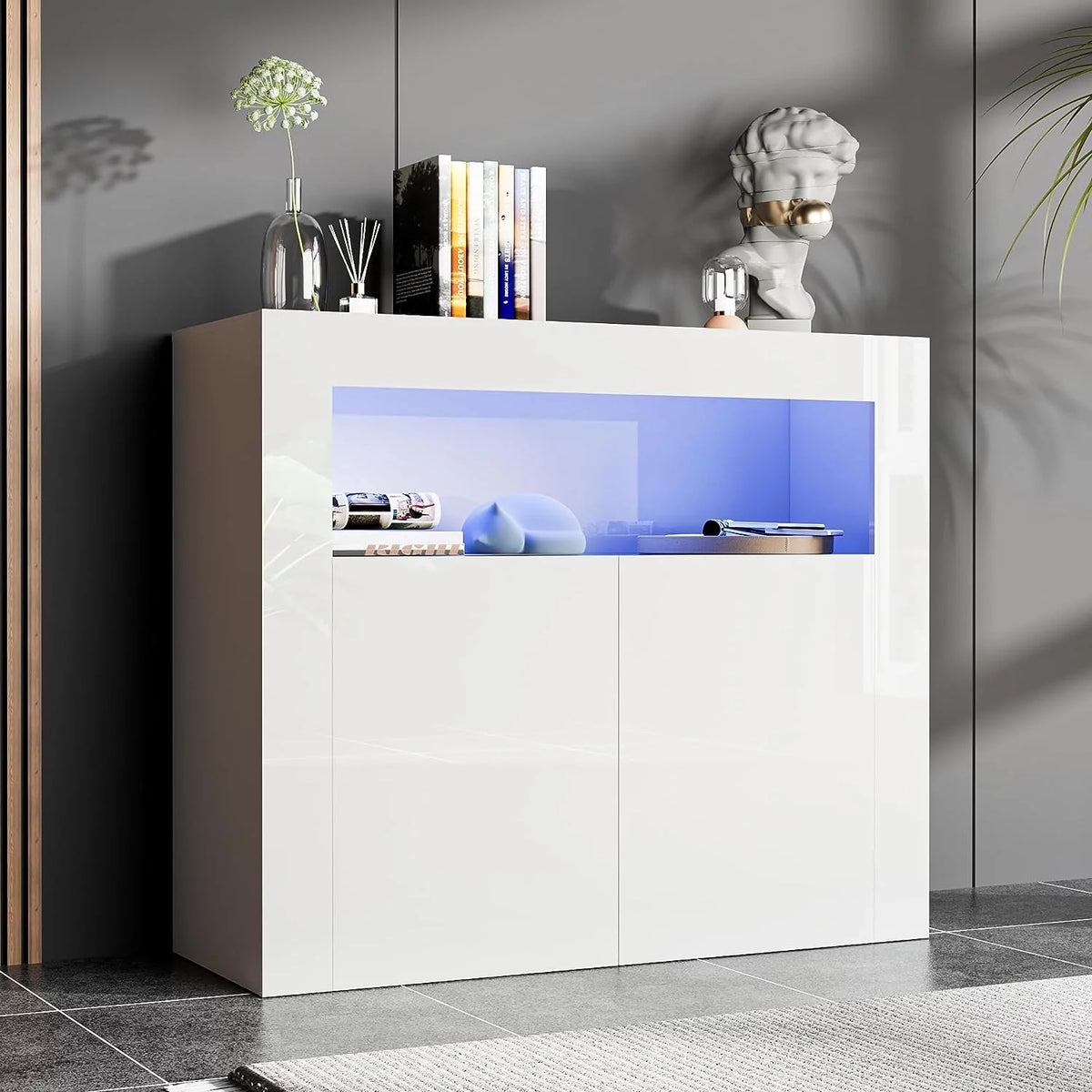 White High Glossy 2 Door Buffet Cabinet with Adjustable Shelf D37425