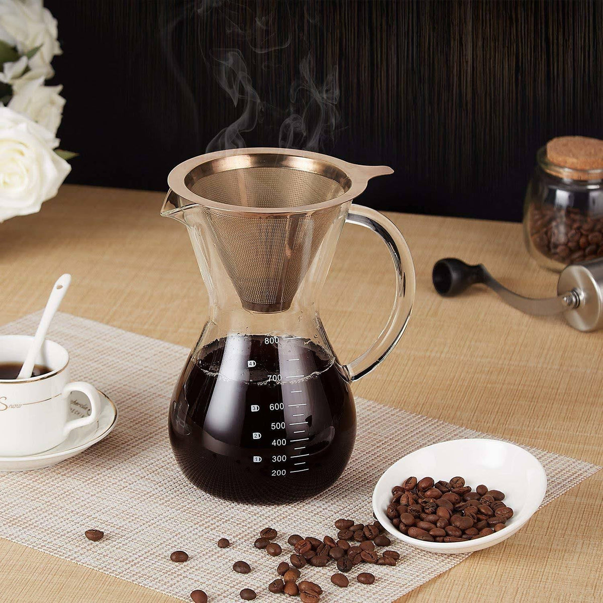 Pour Over Coffee Maker with Stainless Steel Mesh Filter, 27 Ounce, Borosilicate Glass N786