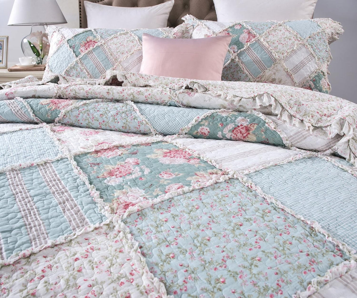 Cottage Patchwork Cotton Floral Bedspread Quilt Set Queen 3-Pieces Q24487
