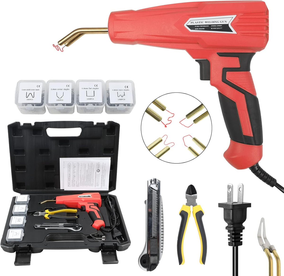 110V 100W Plastic Welder Kit with 4 Types of 100PCS Staples, Hot Stapler Plastic Repair Tools with Pliers, Red Pack of 2 L383
