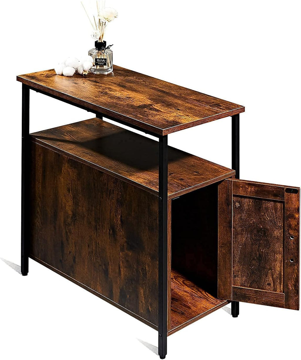Brown Wooden End Table with Shelf and Storage Cabinet L299