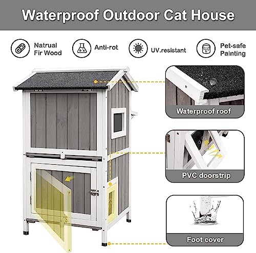 Outdoor Cat Shelter Weatherproof Two Story Wooden Cat House with Openable Roof Escape Door D1080