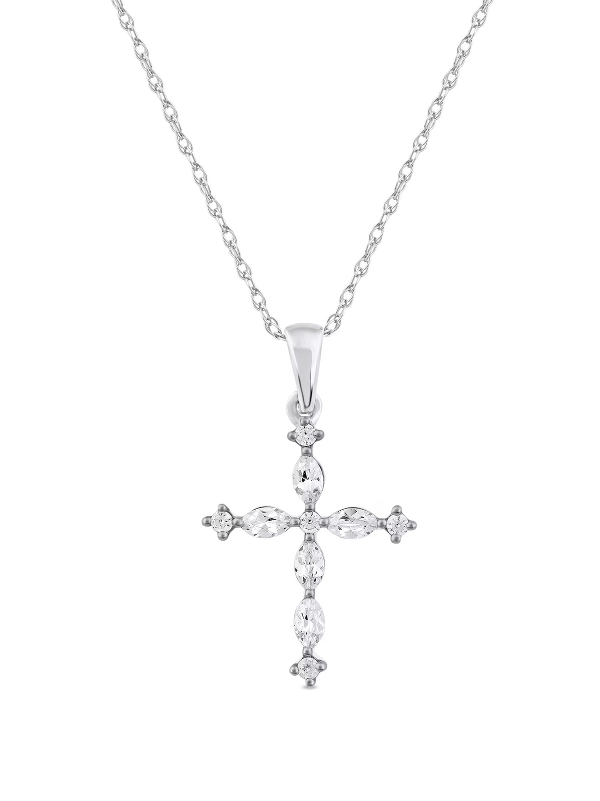 10K White Gold Marquise and Round Diamond Cross Pendant Necklace M4640
