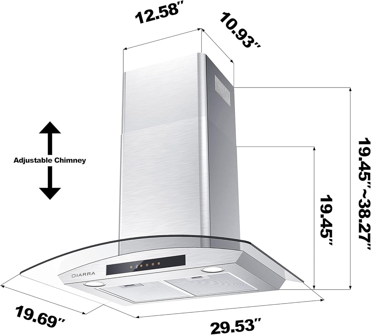 Wall Mount Range Hood 30 inch Stainless Steel Tempered Glass 3 Speed Fan Ductless Convertible X654655