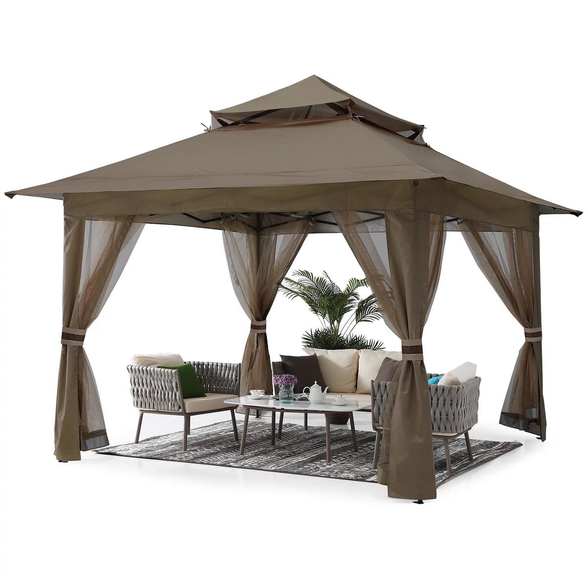 13'x13' Brown Pop up Gazebo Canopy Shelter with Mosquito Netting K429095