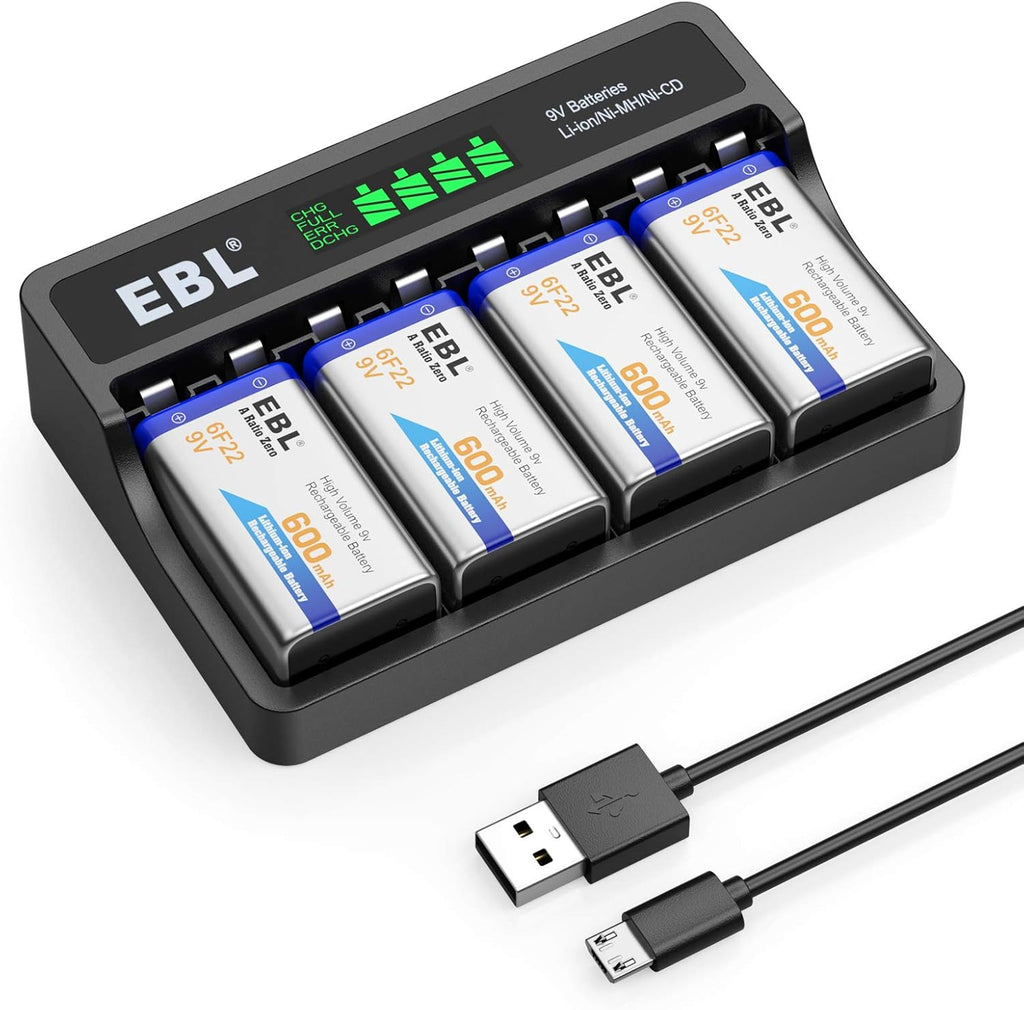 9V Li-ion Rechargeable Batteries 600mAh 4-Pack with LCD Smart Battery Charger M938742