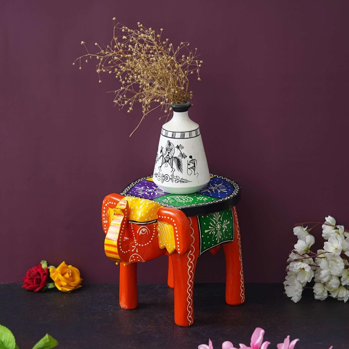 Handcrafted Emboss Painted Colorful Wooden Elephant Shape Stool Table Medium F58894