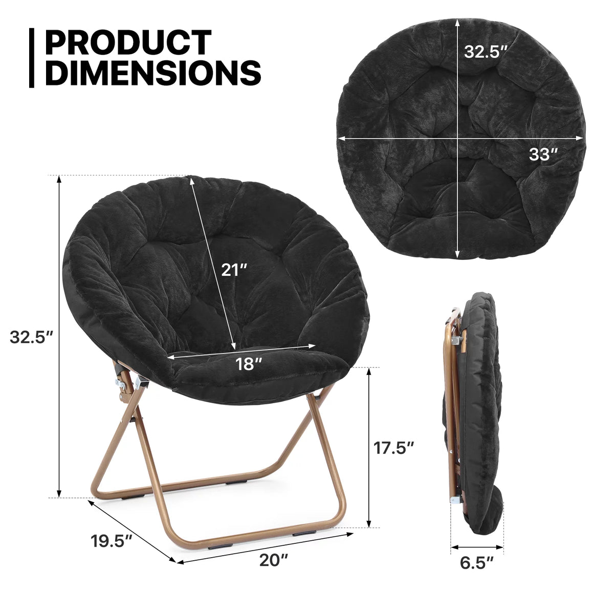 Set of 2 Black Faux Fur Folding Saucer Chair N7941