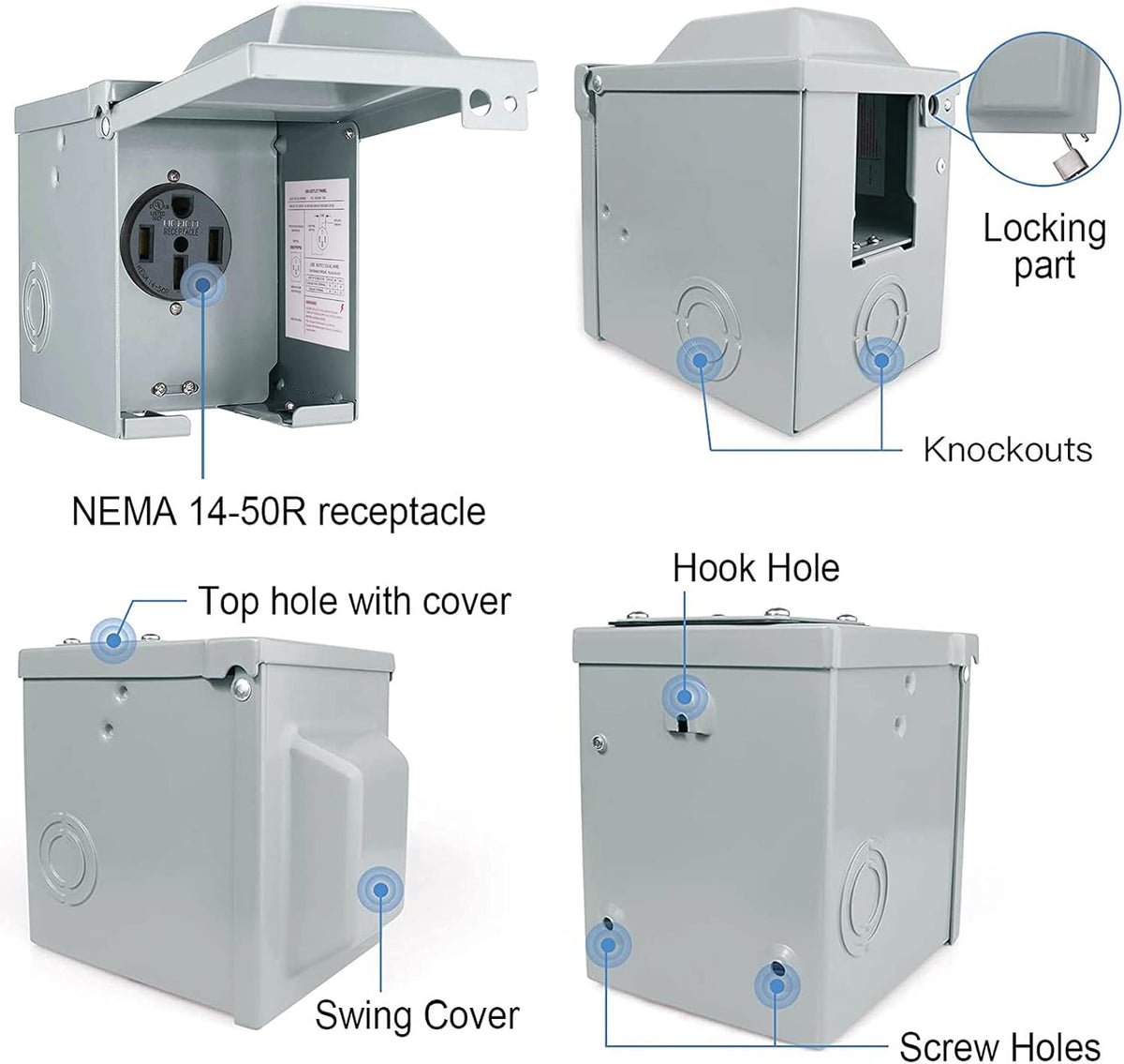 50 Amp 125/250 Volt NEMA 14-50R Weatherproof RV Power Outlet Box L4459