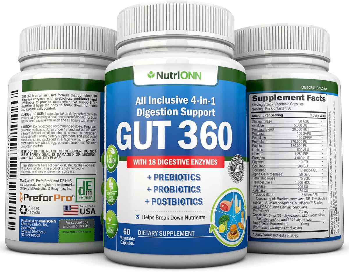 Probiotics, Prebiotics & Postbiotics with 18 Digestive Enzymes - 4-in-1 Complete Gut & Digestive Support Supplement - Non GMO - Vegan V1910