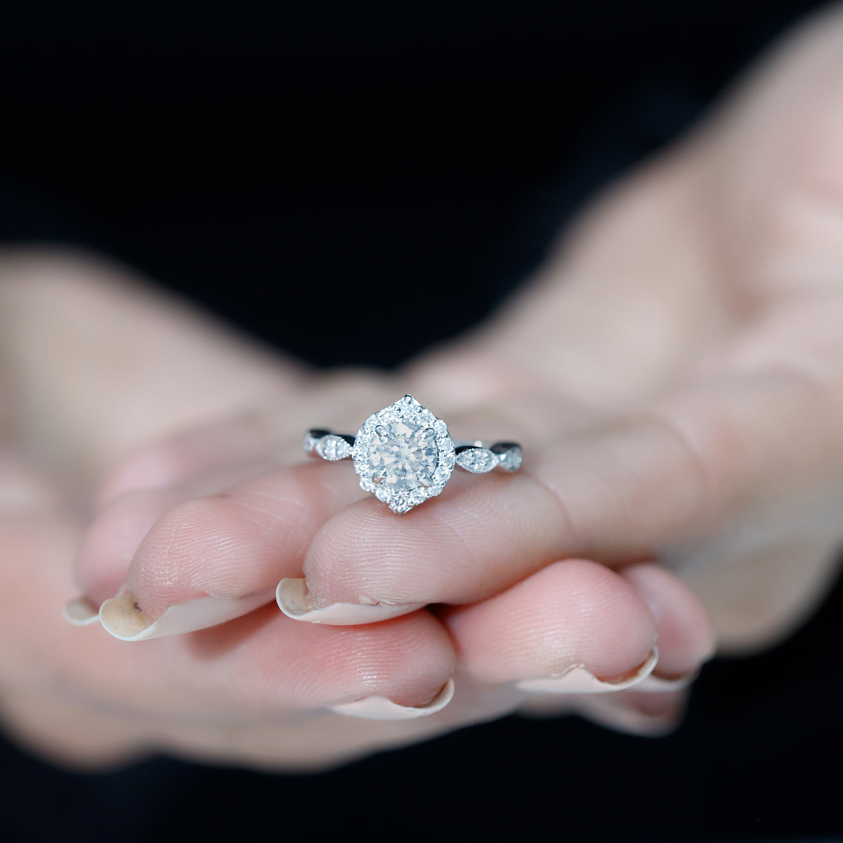 Moissanite Halo Engagement Ring, 925 Sterling Silver, US 4.50 F905579