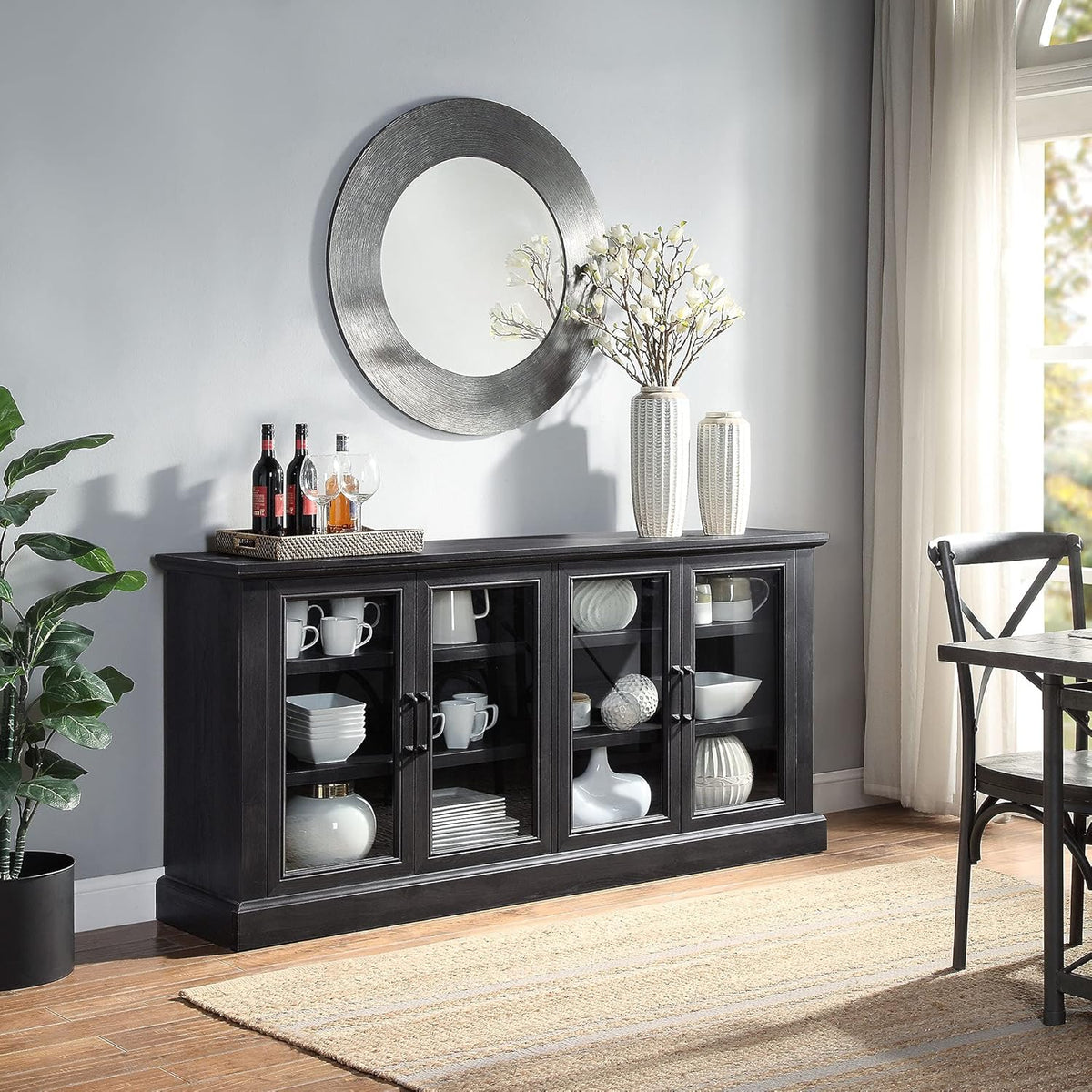 Rustic Grey Wood Sideboard Buffet with Storage Cabinet and Glass Doors Y44635
