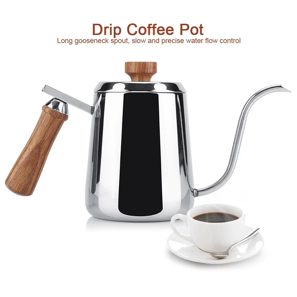 304 Stainless Steel Wooden Handle Drip Coffee Pot P7980
