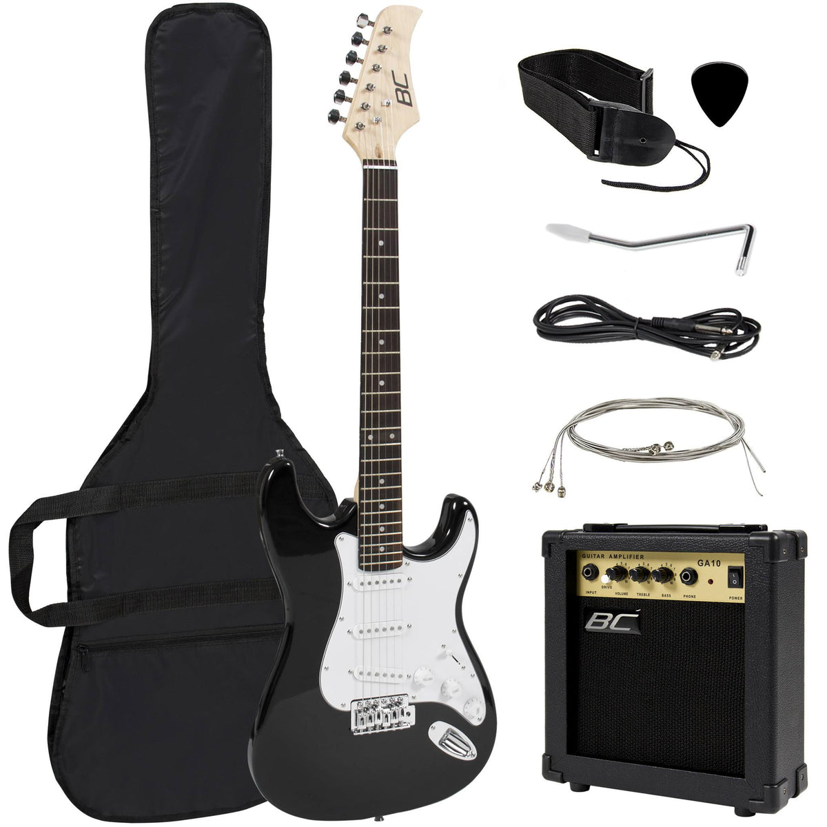 39in Full Size Beginner Electric Guitar Starter Kit with Case, Strap, 10W Amp, Tremolo Bar - Black D7594