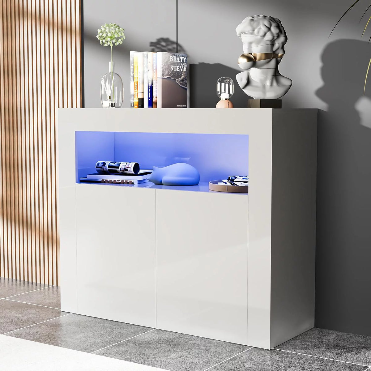 White High Glossy 2 Door Buffet Cabinet with Adjustable Shelf D37425