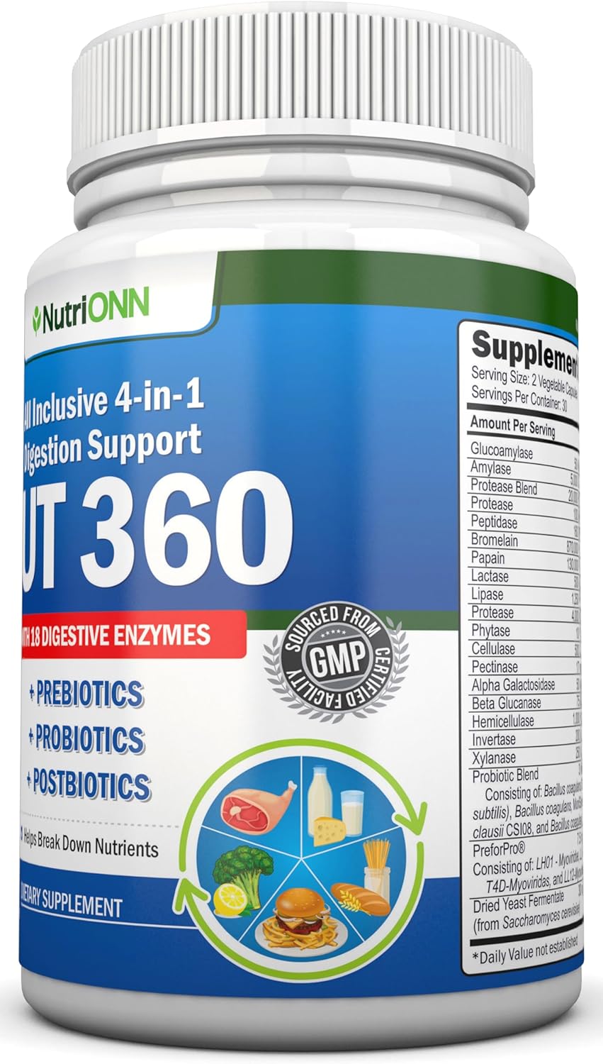 Probiotics, Prebiotics & Postbiotics with 18 Digestive Enzymes - 4-in-1 Complete Gut & Digestive Support Supplement - Non GMO - Vegan V1910