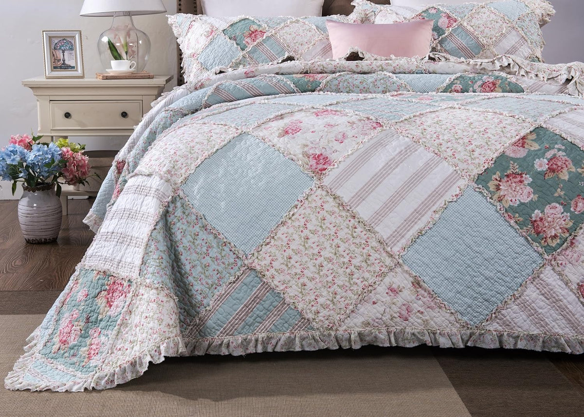 Cottage Patchwork Cotton Floral Bedspread Quilt Set Queen 3-Pieces Q24487