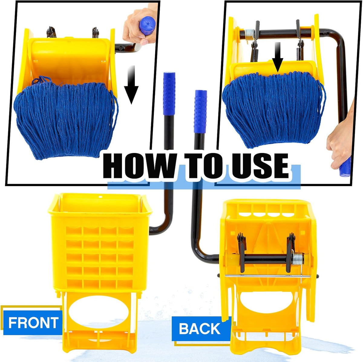 Yellow Mop Wringer with Handle, Blue Mop Head Refill B4919