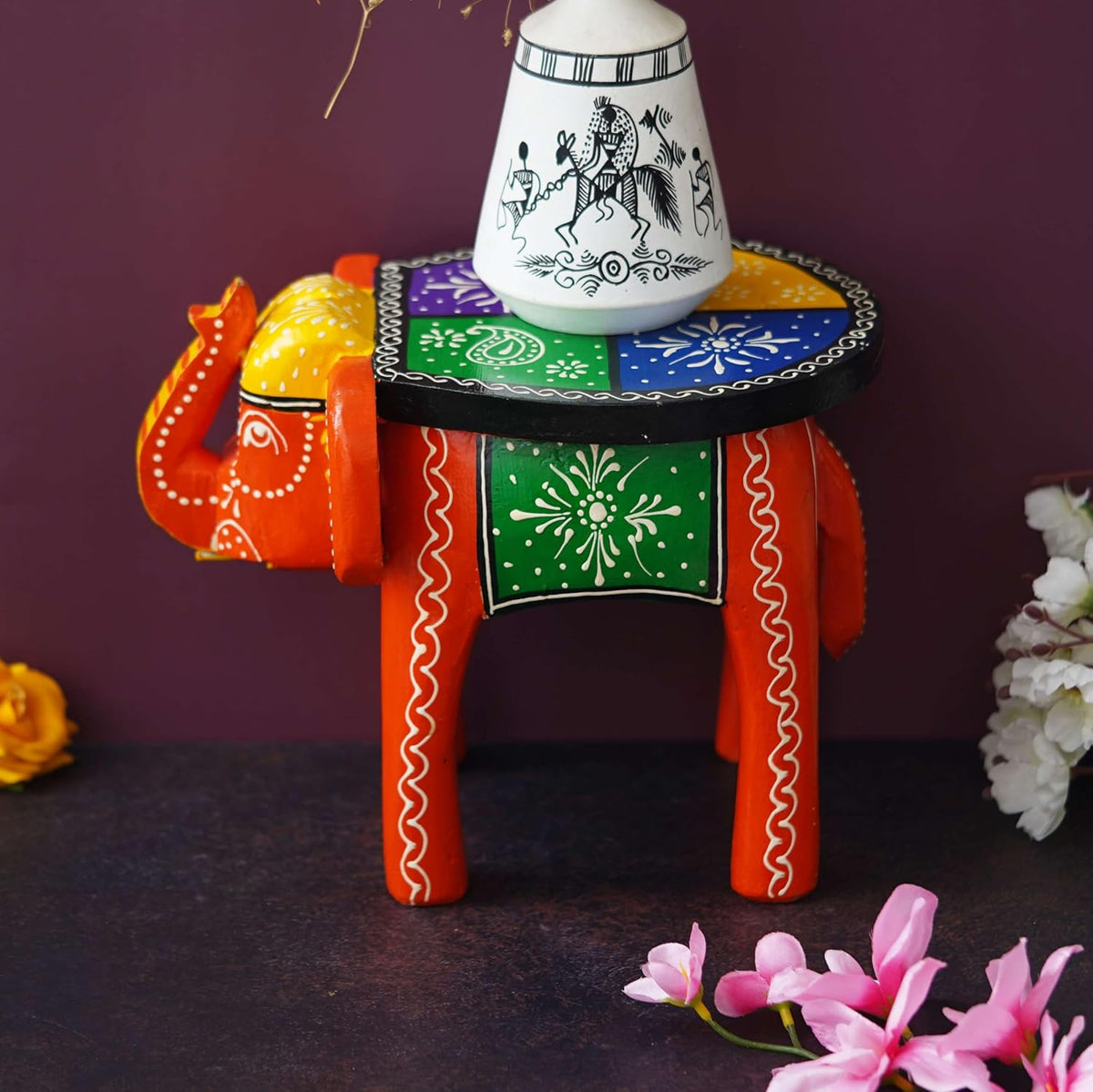 Handcrafted Emboss Painted Colorful Wooden Elephant Shape Stool Table Medium F58894
