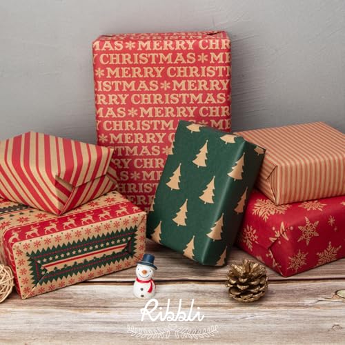 6 Rolls Kraft Christmas Wrapping Paper with Snowflake/Tree/Red Stripe/Merry Christmas Pattern, 17 inch x 120 inch Per Roll X883912