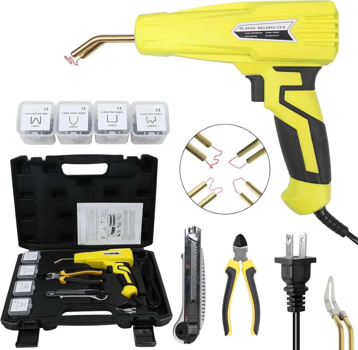 110V 100W Plastic Welder Kit with 4 Types of 100PCS Staples, Hot Stapler Plastic Repair Tools with Pliers, Red Pack of 2 L383