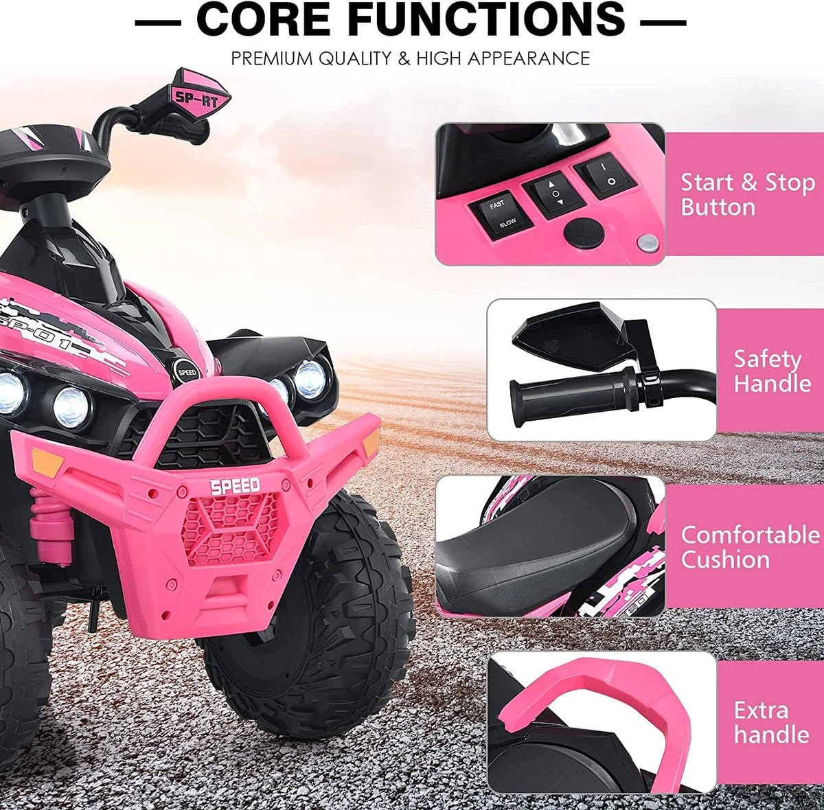 12V 4 Wheeler Quad Toy Ride On ATV with LED Lights (Coral) P8722