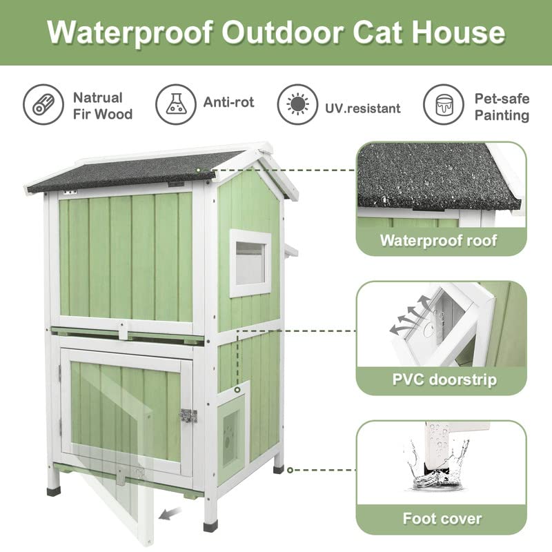 Outdoor Cat Shelter Weatherproof Two Story Wooden Cat House with Openable Roof Escape Door D1080