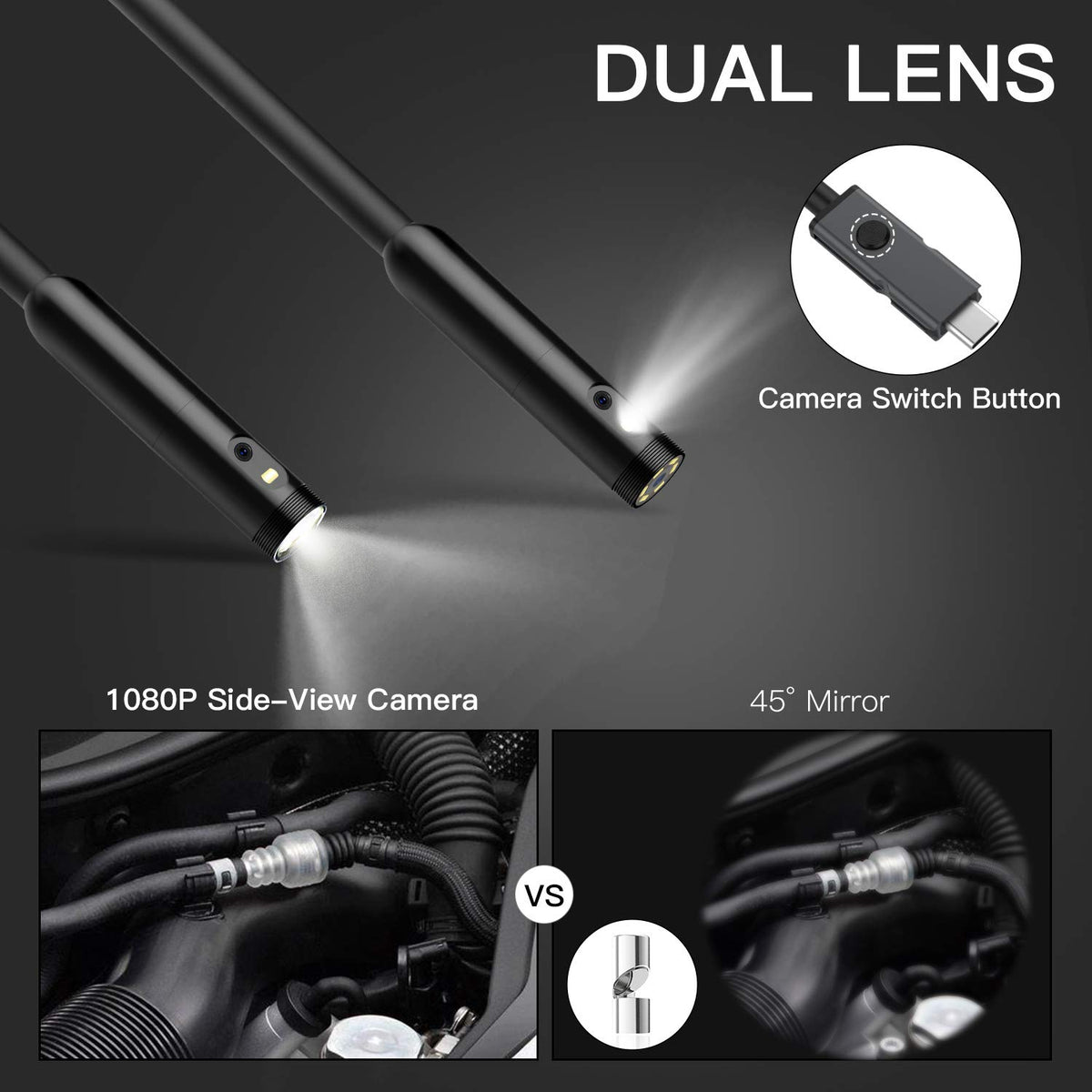 Dual Lens Borescope Inspection Camera with Light, HD 1080p Waterproof Endoscope, 16.4ft Flexible Cable B1346