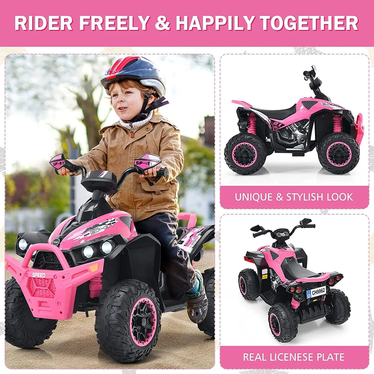 12V 4 Wheeler Quad Toy Ride On ATV with LED Lights (Coral) P8722