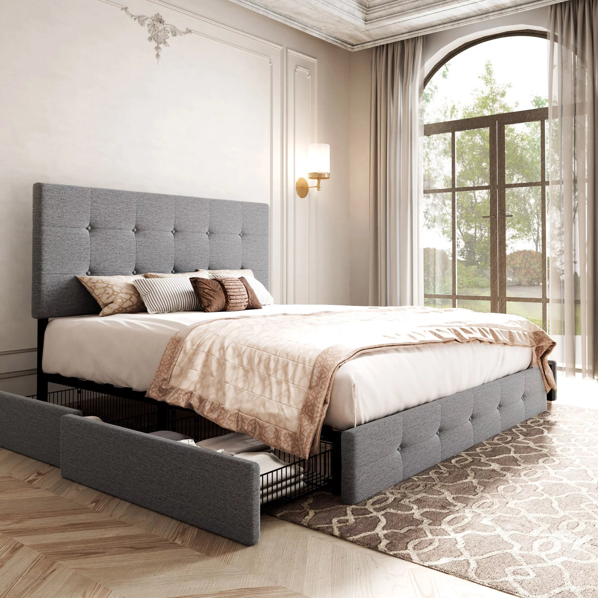 Light Grey Queen Platform Bed Frame with 4 Drawers Storage T1156
