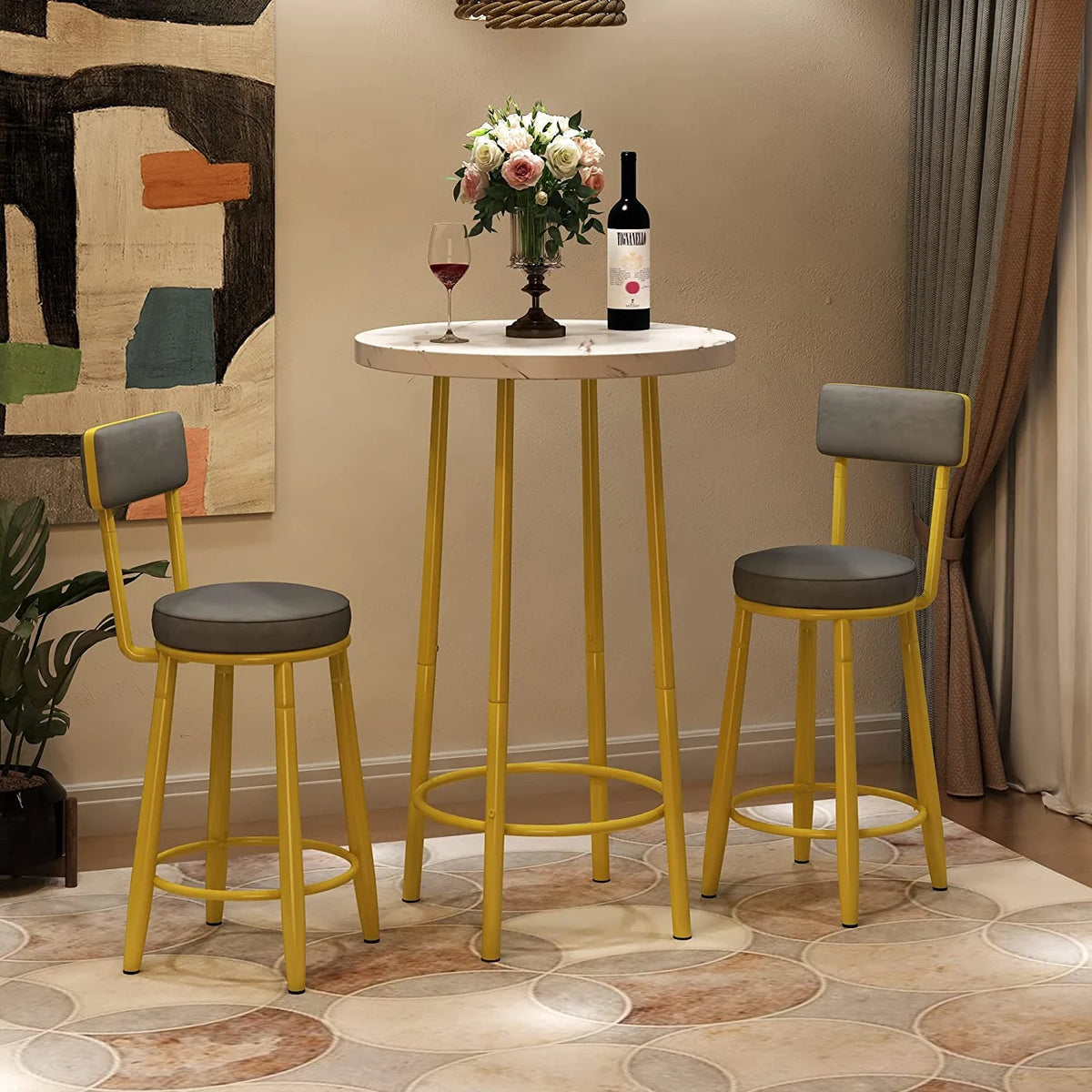 3-Piece Faux Marble Bar Table and 2 Upholstered Stools with Backrest Z10884
